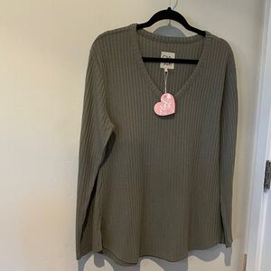 Olive Green V-Neck Ribbed Sweater